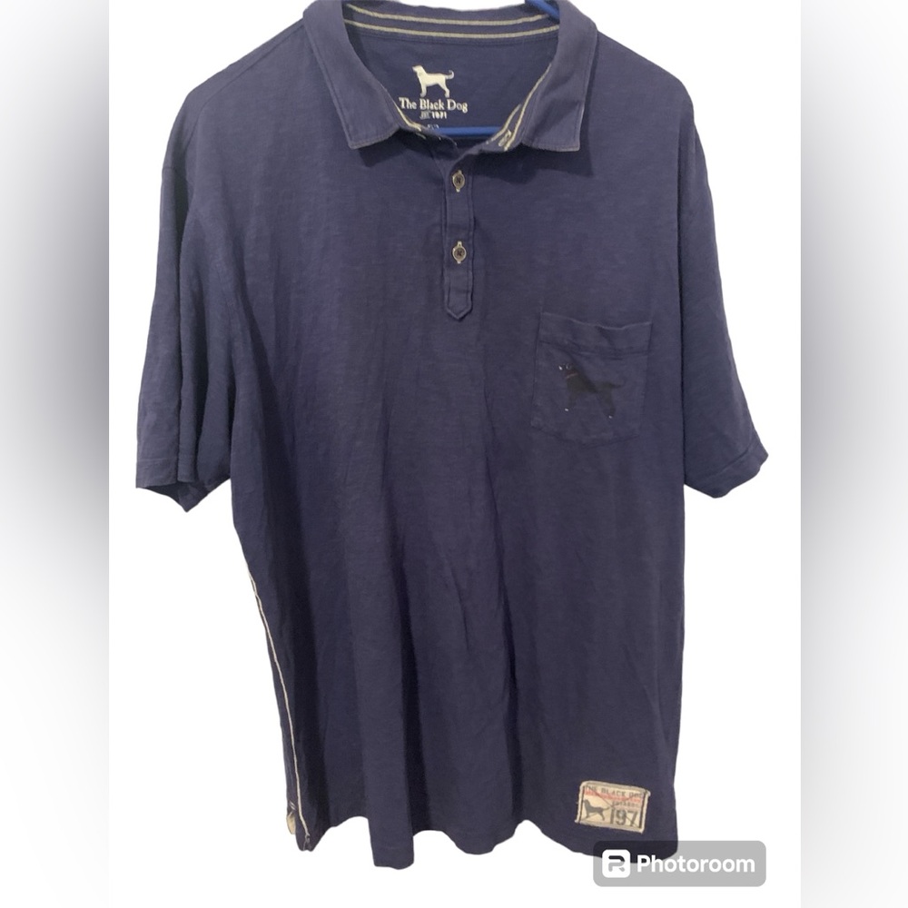 Black Dog Tavern blue tan shirt size Large comfortable pullover buttons